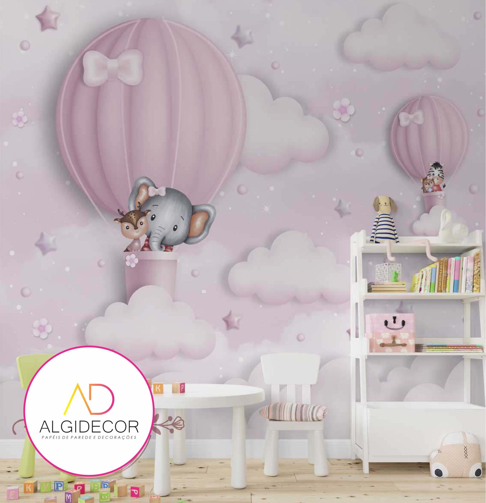 Papel de Parede Adesivo Balão rosa animais