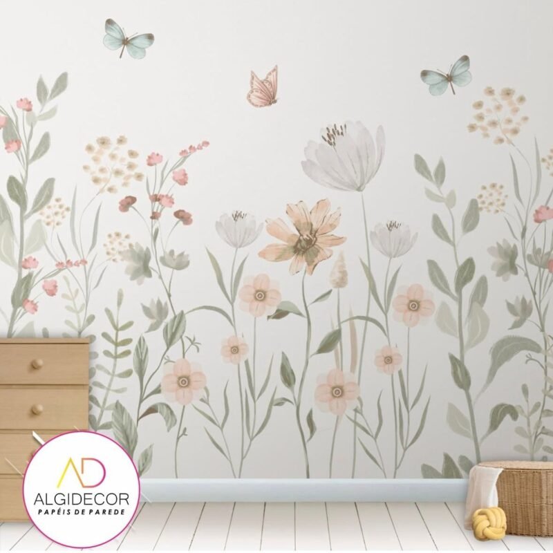 Papel de Parede autoadesivo jardim floral aquarelado nude borboletas
